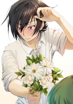 >:( 1boy 1girl absurdres arm_up black_hair blurry blush bouquet budgiepon c.c. closed_mouth code_geass collared_shirt commentary depth_of_field dress_shirt embarrassed fingernails flower frown hair_between_eyes hand_up hetero highres holding holding_bouquet leaf lelouch_vi_britannia looking_to_the_side male_focus nose nose_blush purple_eyes shirt short_hair signature simple_background sleeves_rolled_up solo_focus v-shaped_eyebrows white_background white_day white_flower white_shirt