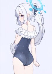 Rule 34 | 1girl, absurdres, ass, blue archive, blue one-piece swimsuit, blush, casual one-piece swimsuit, frilled one-piece swimsuit, frills, from behind, grey hair, halo, highres, looking at viewer, meliach, miyako (blue archive), miyako (swimsuit) (blue archive), official alternate costume, one-piece swimsuit, ponytail, profile, sideways glance, solo, swimsuit