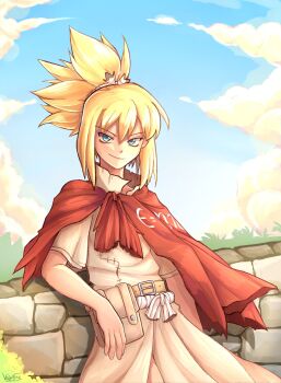 1girl absurdres against_wall belt blonde_hair blue_eyes blue_sky brick_wall cape capelet cloud commentary day dr._stone e=mc2_(equation) hair_between_eyes high_ponytail highres kohaku_(dr._stone) leaning_back long_hair looking_at_viewer outdoors ponytail pouch red_cape rope rope_around_waist sidelocks sky smile smirk solo spiked_hair sun sunlight symbol-only_commentary torn_clothes vaukey