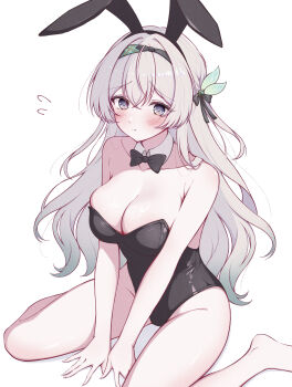 1girl absurdres alternate_costume animal_ears bare_shoulders barefoot black_bow black_bowtie black_hairband black_leotard blush bow bowtie breasts collarbone commentary detached_collar fake_animal_ears firefly_(honkai:_star_rail) gradient_hair green_hair grey_hair hairband highres honkai:_star_rail honkai_(series) large_breasts leotard long_hair looking_at_viewer multicolored_hair nami_1899 paid_reward_available playboy_bunny pout purple_eyes rabbit_ears simple_background sitting solo strapless strapless_leotard two-tone_hair wariza white_background