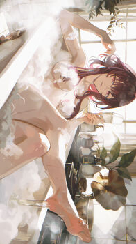 1girl absurdres armpits bathtub bottle breasts completely_nude convenient_censoring cup day drinking_glass feet hair_between_eyes hair_intakes highres honkai:_star_rail honkai_(series) kafka_(honkai:_star_rail) light_smile looking_at_viewer nanjo_maya nude phonograph purple_eyes purple_hair sidelocks signature soap_bubbles steam tree water wet window wine_glass