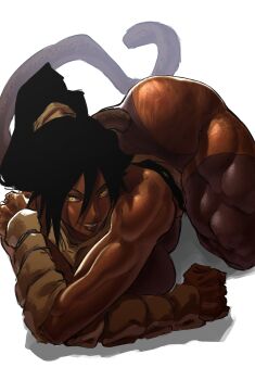 737_kin bent_over black_hair black_leotard black_thighhighs bleach cat_tail dark-skinned_female dark_skin highres leotard muscular muscular_arms muscular_female muscular_legs ponytail shihouin_yoruichi tail thick_thighs thighhighs thighs very_dark_skin yellow_eyes