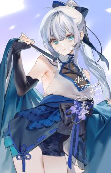 Rule 34 | 1girl, aqua eyes, aqua nails, blue background, bow, breasts, cleavage cutout, clothing cutout, commission, elbow gloves, english text, fingerless gloves, gloves, hair between eyes, hair bow, hand fan, hashtag-only commentary, highres, holding, holding fan, japanese clothes, long hair, looking at viewer, medium breasts, nxmly, original, ponytail, signature, skeb commission, smile, white hair