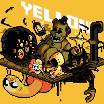 1girl 3boys 9aaaalt29 :d adventure_time annoyed barefoot bear_boy bendy bendy_and_the_ink_machine black_eyes black_hat cable character_request color_connection commentary copyright_request crossover deltarune dog_boy faceless_hood five_nights_at_freddy&#039;s flower flowey_(undertale) freddy_fazbear full_body furry furry_male gloves golden_freddy grid_teeth grin hat highres holding holding_flower hollow_eyes hood hood_up hooded_jacket horns industrial_pipe ink jacket jake_the_dog jitome lantern little_nightmares lobotomy_corporation long_sleeves multiple_boys multiple_crossover no_mouth open_mouth pixel_art project_moon simple_background single_glove sitting six_(little_nightmares) smile sparkle sweatdrop symbol-only_commentary teeth the_original_starwalker top_hat undertale utdr_(toby_fox) wooden_floor yellow_background yellow_flower yellow_jacket