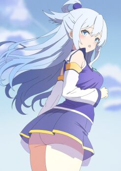 1girl anime_coloring aqua_(konosuba) ass blue_eyes blue_hair blue_shirt blue_skirt commentary_request cowboy_shot day detached_sleeves from_behind hair_ornament hair_rings highres kono_subarashii_sekai_ni_shukufuku_wo! long_hair looking_at_viewer looking_back microskirt no_panties open_mouth pleated_skirt shirt single_hair_ring skirt sky sleeveless sleeveless_shirt solo sphere_hair_ornament takabayashi4129 white_sleeves