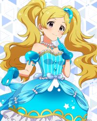 Rule 34 | 1girl, blonde hair, blue dress, dress, emily stewart, frilled dress, frills, gloves, grey eyes, hat, idolmaster, idolmaster million live!, idolmaster million live! theater days, jewelry, mini hat, necklace, official art, pearl necklace, solo, twintails
