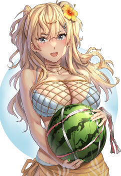 1girl :d bikini blonde_hair blue_background breasts cleavage commentary_request earrings flower food fruit green_nails grey_eyes hair_flower hair_ornament highres holding holding_food holding_fruit holding_watermelon jewelry kantai_collection kokuzou large_breasts long_hair looking_at_viewer mesh minneapolis_(kancolle) minneapolis_(swimsuit)_(kancolle) official_alternate_costume open_mouth orange_sarong sarong simple_background smile solo stud_earrings swimsuit two-tone_background two_side_up watermelon wavy_hair white_background white_bikini