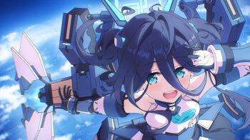 Rule 34 | 1girl, aqua eyes, aris (armed) (blue archive), aris (blue archive), bare shoulders, black hair, black thighhighs, blue archive, breasts, collarbone, commentary request, flying, hair between eyes, highres, long hair between eyes, looking at viewer, mecha musume, medium breasts, open mouth, shirt, sleeveless, sleeveless shirt, solo, thighhighs, twintails, zc007