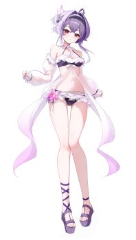 1girl absurdres alternate_costume bikini black_hairband breasts cleavage commentary_request detached_sleeves flower frilled_bikini frills full_body goddess_of_victory:_nikke hair_intakes hairband hari_(sgkun_12) highres liberalio_(nikke) navel open_mouth pink_flower purple_bikini purple_hair purple_shoes red_eyes see-through_clothes see-through_sleeves shoes simple_background small_breasts solo swimsuit white_background