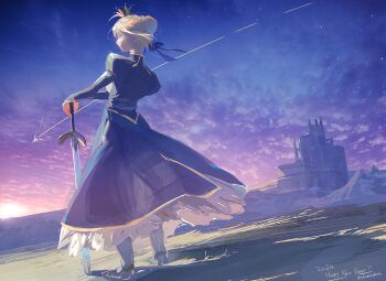 Rule 34 | 1girl, 2024, artist name, artoria pendragon (fate), bow, braid, building, bun with braided base, castle, fate/grand order, fate/stay night, fate (series), hair bow, highres, horizon, mountainous horizon, saber (fate), shooting star, sky, solo, standing, sword, twilight, ubwmitekure, weapon, yellow sky