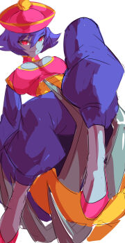 1girl blue_skin breasts capcom cleavage_cutout clothing_cutout colored_skin darkstalkers female_focus highres hsien-ko jiangshi large_breasts long_sleeves purple_hair red_eyes short_hair smile solo ura_dora white_background