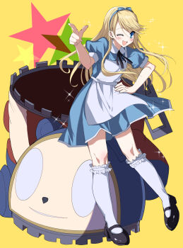 1boy ;d absurdres apron black_ribbon black_shoes blonde_hair blue_bow blue_dress blue_eyes blue_hairband blush bow commentary_request dress eyes_visible_through_hair floating_hair frilled_socks frills full_body hair_bow hairband hand_on_own_hip hand_up happy highres index_finger_raised kasukasugom1 kneehighs kuma_(persona_4) long_hair male_focus mary_janes neck_ribbon official_alternate_costume one_eye_closed open_mouth persona persona_4 pointing pointing_at_viewer puffy_short_sleeves puffy_sleeves ribbon shoes short_sleeves sidelocks simple_background smile socks solo sparkle standing star_(symbol) star_symbol_background swept_bangs trap white_apron white_socks yellow_background