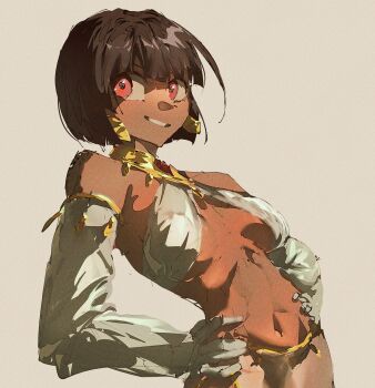 Rule 34 | 1girl, abs, absurdres, ancient egyptian clothes, arched back, bare shoulders, breasts, commission, commissioner upload, dark-skinned female, dark skin, earrings, elbow gloves, gem, gloves, gold, hands on own hips, highres, jewelry, looking at viewer, medium breasts, medium hair, non-web source, original, rana (seifersythe), red eyes, red gem, see-through clothes, shadow, simple background, smile, smirk, solo, stegart, usekh collar, white gloves