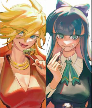 2girls black_dress blonde_hair blue_eyes breasts dress eating guru.zong highres large_breasts long_hair looking_at_viewer medium_breasts multiple_girls panty_&amp;_stocking_with_garterbelt panty_(psg) purple_hair short_dress siblings sisters stocking_(psg)