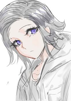 1boy absurdres aotsuki_eito blue_eyes bright_pupils chinese_commentary closed_mouth commentary_request expressionless eyelashes grey_hair highres hood hood_down jacket male_focus no_eyewear open_clothes open_jacket shirt short_hair simple_background sketch solo tareme the_hundred_line_-last_defense_academy- upper_body white_background white_jacket white_pupils white_shirt zhongerrenbenren