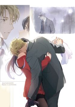 1boy 1girl bare_shoulders black_gloves black_hair blonde_hair blue_eyes building closed_mouth cloud cloudy_sky collared_shirt commentary_request couple eye_contact gloves green_jacket hat head_on_another's_shoulder hetero highres holding holding_towel husband_and_wife indoors jacket lamppost long_hair long_sleeves looking_at_another looking_at_viewer necktie off-shoulder_sweater off_shoulder outdoors pantyhose rain red_eyes red_necktie red_sweater sequential shirt single_glove sky spy_x_family sweater towel twilight_(spy_x_family) twitter_username wet yamasuke040 yor_briar