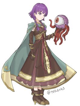 1girl ankle_boots boots brown_boots brown_dress brown_gloves cape cloak commentary_request dress elbow_gloves fire_emblem fire_emblem:_the_sacred_stones fire_emblem_heroes gloves green_cape green_cloak high_heel_boots high_heels highres holding hood hood_down hooded_cloak lute_(fire_emblem) lute_(limitless_curiosity)_(fire_emblem) medium_hair mogall monster nintendo official_alternate_costume purple_eyes purple_hair red_eyes simple_background tea6043 tentacles white_background