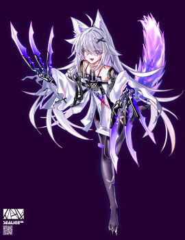 Rule 34 | 1girl, absurdres, ahoge, animal ears, black background, black pantyhose, claws, commentary request, cross-shaped pupils, detached sleeves, dress, fangs, grey dress, grey eyes, grey hair, hair between eyes, hair flaps, hair ornament, highres, long hair, long sleeves, mechanical ears, mechanical tail, mismatched pupils, no. 21 (pgr), open mouth, pantyhose, punishing: gray raven, sealige, sidelocks, solo, suspenders, symbol-shaped pupils, tail, very long hair, wide sleeves, wolf ears, wolf tail, x hair ornament, yellow eyes