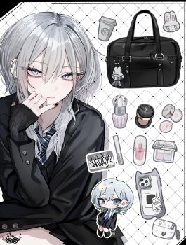 Rule 34 | 1girl, absurdres, black bag, black jacket, blue eyes, blue necktie, cellphone, charm (object), chibi, chibi inset, closed mouth, commentary, compact (cosmetics), cosmetics, cup, diagonal-striped clothes, diagonal-striped necktie, disposable coffee cup, disposable cup, double-parted bangs, ear piercing, earbuds charging case, grey hair, haimiya mio (kamiyama sumu), hair between eyes, highres, jacket, kamiyama sumu, long hair, long sleeves, looking at viewer, mole, mole under eye, multiple views, necktie, original, perfume (cosmetics), phone, phone with ears, piercing, smartphone, starbucks, striped clothes, symbol-only commentary, what's in my bag