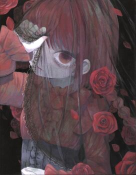 1girl black_corset black_veil center_frills closed_mouth commentary corset english_commentary eyelashes flower frilled_sleeves frills head_tilt highres long_hair long_sleeves looking_at_viewer monou_pico original red_eyes red_flower red_hair red_rose rose see-through_clothes see-through_veil solo upper_body veil