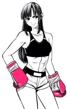 Rule 34 | 1girl, abs, boxing gloves, breasts, commentary request, contrapposto, cowboy shot, gloves, hand on own hip, highres, lee (dragon garou), long hair, medium breasts, monochrome, original, pink gloves, short shorts, shorts, smile, solo, sports bra, spot color, toned, toned female