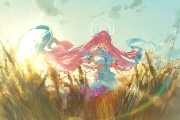 1girl aqua_hair bare_shoulders blue_sky breasts chinese_commentary commentary_request cyrene_(honkai:_star_rail) cyrene_(ripples_of_past_reverie)_(honkai:_star_rail) dress halo highres honkai:_star_rail honkai_(series) large_breasts long_hair miaooon multicolored_hair outdoors pink_hair sky solo sunlight tears two-tone_hair very_long_hair wheat wheat_field white_dress