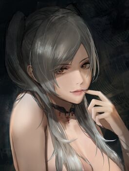 1girl breasts brown_eyes cleavage commentary english_commentary female_robin_(fire_emblem) finger_to_mouth fire_emblem fire_emblem_awakening grey_hair highres j@ck lips long_hair looking_at_viewer medium_breasts nintendo nude pink_lips smile solo twintails