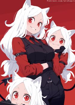 3girls animal_ear_fluff animal_ears archapxl belt black_gloves black_necktie black_pants black_suit black_tail black_vest blush breasts buttons cerberus_(helltaker) closed_mouth collared_shirt demon_girl demon_tail dog_ears dog_girl fang formal_clothes gloves hand_on_own_chin helltaker highres large_breasts long_hair looking_at_viewer multiple_girls necktie pants patreon_username pixel_art ponytail red_background red_eyes red_shirt shirt siblings sidelocks simple_background sisters sleeves_rolled_up smile suit tail triplets vest watermark web_address white_hair
