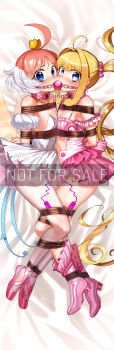 absurdres ahiru_(princess_tutu) ahoge arms_behind_back ballerina bdsm blonde_hair blue_eyes blush bondage boots bound bound_arms bound_legs bra breasts cheek-to-cheek cloth_gag commentary commission crying dress english_commentary gag gagged heads_together highres improvised_gag kaneeru linked_gag long_hair looking_at_viewer lying medium_breasts mermaid_melody_pichi_pichi_pitch nanami_lucia on_side orange_hair pink_boots pink_bra princess_tutu princess_tutu_(character) restrained second-party_source see-through_clothes see-through_skirt shibari skirt strapless strapless_dress tears torn_clothes tutu twintails underwear very_long_hair watermark white_dress