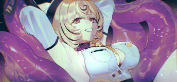 1girl armpits arms_up black_background black_hair blonde_hair breasts cleavage cleavage_cutout clothing_cutout detached_sleeves high-waist_shorts highres large_breasts looking_at_viewer mole mole_under_mouth monster_girl multicolored_hair orange_eyes scylla short_hair shorts sideboob sleeveless sleeveless_turtleneck smile solo streaked_hair teeth tentacles turtleneck ume_(yuuki-110813) yidhari_murphy zenless_zone_zero