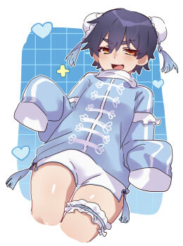 1girl :3 :d absurdres blue_background blue_ribbon blue_shirt blush border breasts brown_eyes bun_cover chinese_clothes commentary cropped_legs double_bun dutch_angle eyelashes frilled_thigh_strap from_below gradient_background grid_background hair_between_eyes hair_bun heart highres kanbaru_suruga long_sleeves looking_at_viewer looking_down monogatari_(series) monogatari_series_shibuya109_collaboration narrowed_eyes open_mouth outline outside_border pankou plus_sign ribbon shirt short_hair short_shorts shorts sleeves_past_fingers sleeves_past_wrists small_breasts smile solo standing tassel tenshi_kaiwai thick_eyebrows thigh_gap thigh_strap tomboy tsugumi_(tgm_615486) untranslatable_commentary v-shaped_eyebrows very_short_hair white_border white_outline white_shorts white_trim
