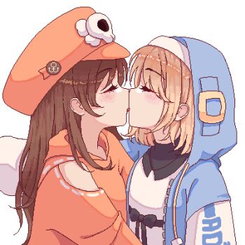 1boy 1girl absurdres blonde_hair blush bridget_(guilty_gear) brown_hair closed_eyes commentary cuwy english_commentary facing_another guilty_gear guilty_gear_strive hat highres hood hood_up hooded_jacket jacket kiss long_hair long_sleeves may_(guilty_gear) open_clothes open_jacket orange_hat orange_shirt shirt short_hair skull_and_crossbones white_background white_shirt
