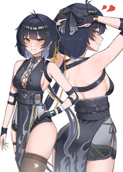 Rule 34 | 1girl, absurdres, antenna hair, armpits, ass, back, bandaged hand, bandages, bare arms, bare shoulders, belt pouch, black bow, black dress, black gloves, black hair, black shorts, black thighhighs, blush, bow, breast cutout, breasts, cleavage, closed mouth, collarbone, colored inner hair, commentary, cowboy shot, cross-laced clothes, cross-laced dress, cross-laced top, dress, earrings, elbow pads, eyeliner, female rover (wuthering waves), from behind, gloves, hair between eyes, hair bow, hair ornament, hair ribbon, hairclip, hand on own hip, highres, jewelry, jooann (jooann1359), long hair, looking at viewer, low ponytail, makeup, medium breasts, micro shorts, multicolored hair, multiple views, parallel hairclips, partially fingerless gloves, pelvic curtain, ponytail, pouch, red eyeliner, ribbon, rover (wuthering waves), shorts, sideboob, sidelocks, skindentation, sleeveless, sleeveless dress, smile, standing, thigh strap, thighhighs, torn clothes, torn thighhighs, triangle earrings, white hair, wuthering waves, yellow eyes, yellow ribbon