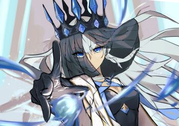 Rule 34 | 1girl, black dress, black gloves, blue eyes, crown, dress, fate/grand order, fate (series), gloves, hair between eyes, highres, illustresearch, long hair, looking at viewer, morgan le fay (fate), morgan le fay (queen of winter) (fate), ponytail, simple background, solo, spikes, veil, very long hair, white hair