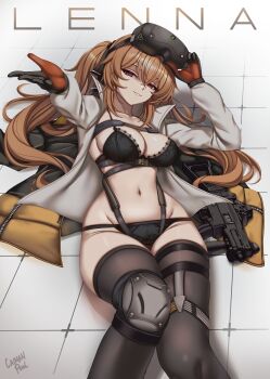 1girl absurdres artist_name black_bra black_gloves black_panties black_thighhighs bra brown_hair caiman_pool character_name collarbone commentary english_commentary girls&#039;_frontline girls&#039;_frontline_2:_exilium gloves gun h&amp;k_ump head-mounted_display highres jacket kneehighs lenna_(girls&#039;_frontline_2) looking_at_viewer lying navel on_back open_clothes open_shirt panties red_gloves shirt single_kneehigh single_sock smile socks solo submachine_gun thighhighs tile_floor tiles twintails two-tone_gloves ump9_(girls&#039;_frontline) underwear unworn_jacket weapon white_shirt