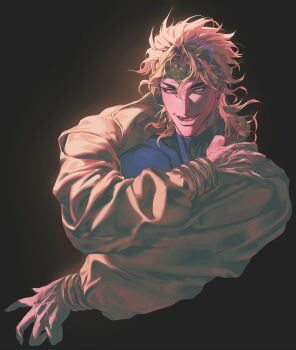 Rule 34 | 1boy, absurdres, birthmark, blonde hair, bracelet, claws, commentary, cropped torso, dangsineun meotjyeo!, dio brando, ear birthmark, earrings, english commentary, fangs, fingernails, green headband, headband, heart ornament, highres, jacket, jewelry, jojo no kimyou na bouken, long sleeves, looking at viewer, male focus, messy hair, muscular, muscular male, open mouth, sharp fingernails, smile, solo, stardust crusaders, upper body, vampire, yellow eyes, yellow jacket