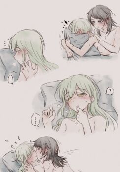 2girls ? bang_dream! bang_dream!_it&#039;s_mygo!!!!! black_hair blue_eyes blush commentary french_kiss green_hair hand_in_another&#039;s_hair highres holding_hands hugging_object interlocked_fingers kiss long_hair multiple_girls nude pillow pillow_hug spoken_question_mark sweat wakaba_mutsumi yahata_umiri yakaze_(yakaze1604) yellow_eyes yuri