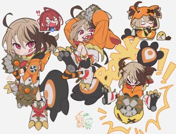 >_< 3girls :3 ahoge black_shorts brown_hair cecilia_immergreen clenched_hands elizabeth_rose_bloodflame gauntlets gigi_murin gigi_murin_(1st_costume) grem_(gigi_murin) hashtag-only_commentary hololive hololive_english hood hoodie licking_lips multiple_girls orange_hoodie pink_eyes punching red_hair shiogaki shorts signature tail tongue tongue_out twintails virtual_youtuber