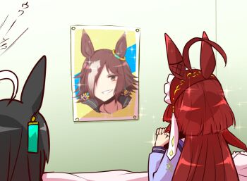2girls ahoge alcohol animal_ears bed black_hair blunt_ends brown_eyes brown_hair commentary ear-to-ear ear_covers ear_ornament ear_tag earrings grin hair_over_one_eye hairband horse_ears horse_girl huge_ahoge indoors jewelry layered_hair long_hair long_sleeves manhattan_cafe_(umamusume) multicolored_hair multiple_girls own_hands_clasped own_hands_together photo_(object) pillow purple_sailor_collar purple_shirt red_desire_(umamusume) red_hair red_hairband sailor_collar school_uniform shirt single_earring smile sparkle summer_uniform tracen_school_uniform translated two-tone_hair umamusume vodka vodka_(umamusume) white_hair winter_uniform yonedatomo_mizu