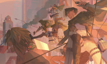 1girl 5boys auruo_bossard black_hair blonde_hair boots brown_hair brown_jacket cloak commentary cropped_jacket dual_wielding english_commentary erd_gin green_cloak green_eyes gunter_shulz highres holding jacket levi_(shingeki_no_kyojin) lilypsiren male_focus multiple_boys open_mouth panties parted_bangs petra_ral pointy_ears ponytail rogue_titan shingeki_no_kyojin shirt short_hair short_ponytail survey_corps_(emblem) teeth thigh_boots three-dimensional_maneuver_gear titan_(shingeki_no_kyojin) underwear white_panties white_shirt