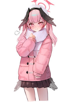 Rule 34 | 1girl, absurdres, black skirt, black wings, blue archive, blush, bubble99, closed mouth, cropped legs, halo, hand up, hat, head wings, highres, jacket, koharu (blue archive), long hair, looking at viewer, pink eyes, pink hair, pink jacket, pleated skirt, red halo, scarf, simple background, skirt, sleeves past wrists, solo, twintails, white background, white hat, white scarf, wings, winter clothes