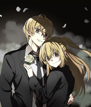 Rule 34 | 1boy, 1girl, black jacket, blonde hair, brother and sister, commentary request, flower, highres, hoshino aquamarine, hoshino ruby, jacket, long hair, nyoro (nyoronyoro000), oshi no ko, parted lips, petals, rose, shirt, short hair, siblings, smirk, star-shaped pupils, star (symbol), symbol-shaped pupils, twins, upper body, white flower, white petals, white rose, white shirt, yellow eyes