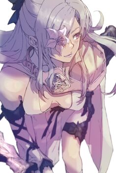 Rule 34 | 1girl, bare shoulders, black bow, bow, breasts, cape, cleavage, commentary request, drag-on dragoon, drag-on dragoon 3, dress, floating hair, flower, flower over eye, hair bow, hair ornament, half updo, highres, large breasts, long hair, long sidelocks, mechanical arms, nutori manga, plunging neckline, prosthesis, prosthetic arm, red eyes, side cape, sidelocks, single mechanical arm, solo, upper body, white background, white cape, white dress, white hair, zero (drag-on dragoon)