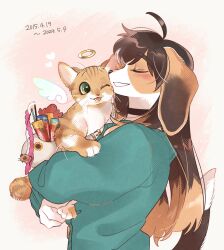 Rule 34 | 1girl, ;d, ahoge, angel wings, animal, animal ears, animal nose, aqua sweater, black choker, brown hair, cat, cat teaser, choker, closed eyes, commentary request, dated, detached wings, dog ears, dog girl, dog tail, floppy ears, from side, furry, furry female, green eyes, halo, highres, holding, holding animal, holding cat, long sleeves, multicolored hair, one eye closed, open mouth, orange cat, orange hair, original, rata (norahasu), sideways mouth, simple background, smile, sweater, tail, two-tone hair, upper body, white background, wings