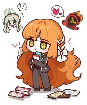 1other 2girls belt black_belt black_jacket black_pants blue_archive borrowed_hairstyle bow braid clock closed_mouth dante_(limbus_company) flaming_head freckles green_halo hair_bow hair_ribbon halo highres holding holding_ticket ishmael_(project_moon) jacket limbus_company long_hair miyo_(blue_archive) multiple_girls object_head orange_hair pamphlet pants project_moon ribbon ribbon_braid sidelocks simple_background ticket tu1na very_long_hair white_background white_bow