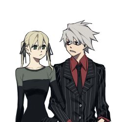 Rule 34 | 1boy, 1girl, black dress, black necktie, black ribbon, blonde hair, closed mouth, commentary, dress, english commentary, formal, green eyes, hair ribbon, highres, jacket, locked arms, long sleeves, looking at another, ma0ma0 0, maka albarn, necktie, red eyes, red shirt, ribbon, sharp teeth, shirt, short hair, soul eater, soul evans, striped clothes, striped jacket, suit, teeth, twintails, vertical-striped clothes, vertical-striped jacket, white hair