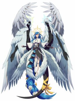 1boy 2girls absurdres angel_wings ashensol blue_hair bow dizzy_(guilty_gear) dress full_body guilty_gear guilty_gear_strive hair_ribbon halo halo_behind_head highres hood long_hair looking_at_viewer multiple_girls multiple_wings necro_(guilty_gear) outstretched_arms queen_dizzy red_eyes ribbon tail tail_bow tail_ornament tail_ribbon undine_(guilty_gear) very_long_hair very_long_tail wings
