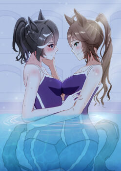 2girls animal_ears aqua_eyes black_hair blue_eyes blush breast_press brown_hair closed_mouth commentary_request hand_on_another&#039;s_arm hand_on_another&#039;s_face hand_on_another&#039;s_waist highres horse_ears horse_girl katsuragi_ace_(umamusume) long_hair matsuko74_32 mr._c.b._(umamusume) multiple_girls one-piece_swimsuit parted_lips partially_submerged ponytail profile purple_one-piece_swimsuit school_swimsuit smile swimsuit symmetrical_docking umamusume wet white_streaks yuri
