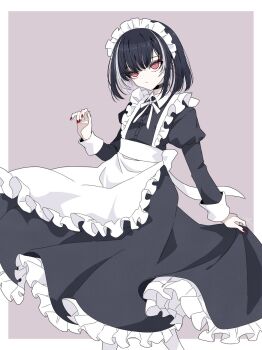 1boy apron black_dress black_hair border choker colored_inner_hair crossdressing crossdressing_(mtf) dress expressionless eyeliner frilled_apron frills highres juliet_sleeves kyogoku_masamune long_sleeves maid maid_apron maid_headdress makeup male_focus male_maid multicolored_hair nail_polish puffy_sleeves red_eyeliner red_eyes red_nails seira_jablko short_hair simple_background sleeve_cuffs solo touken_ranbu trap two-tone_hair white_apron