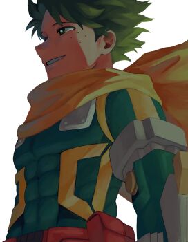Rule 34 | 1boy, belt, belt pouch, boku no hero academia, covered abs, cowboy shot, freckles, green eyes, green hair, highres, long sleeves, male focus, midoriya izuku, oez875, pouch, red belt, scarf, short hair, simple background, smile, solo, superhero costume, white background, yellow scarf